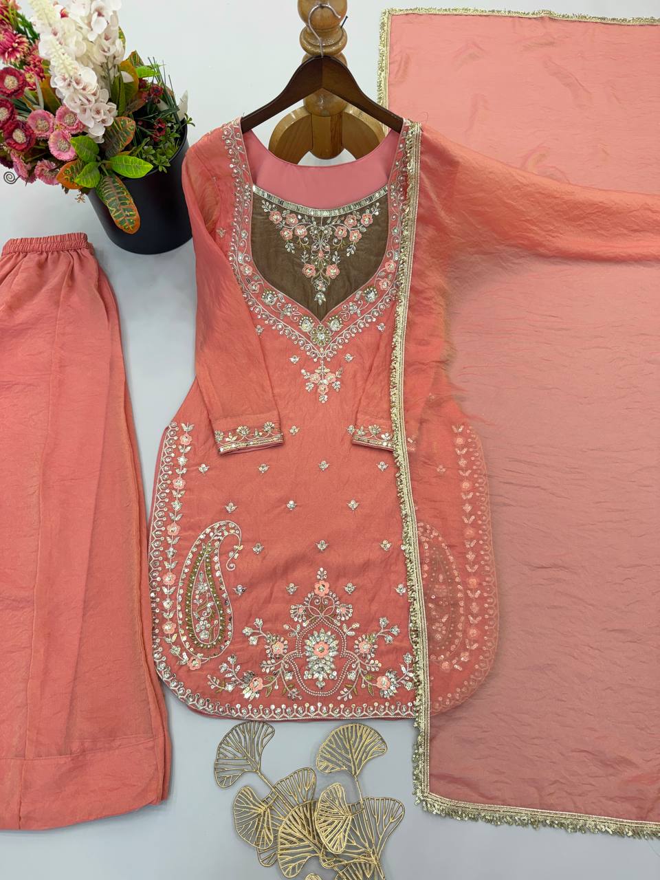RangBhoomi NC Moss Designer Embroidered Top-Bottom & Dupatta Set — Fully Stitched Ready to Wear