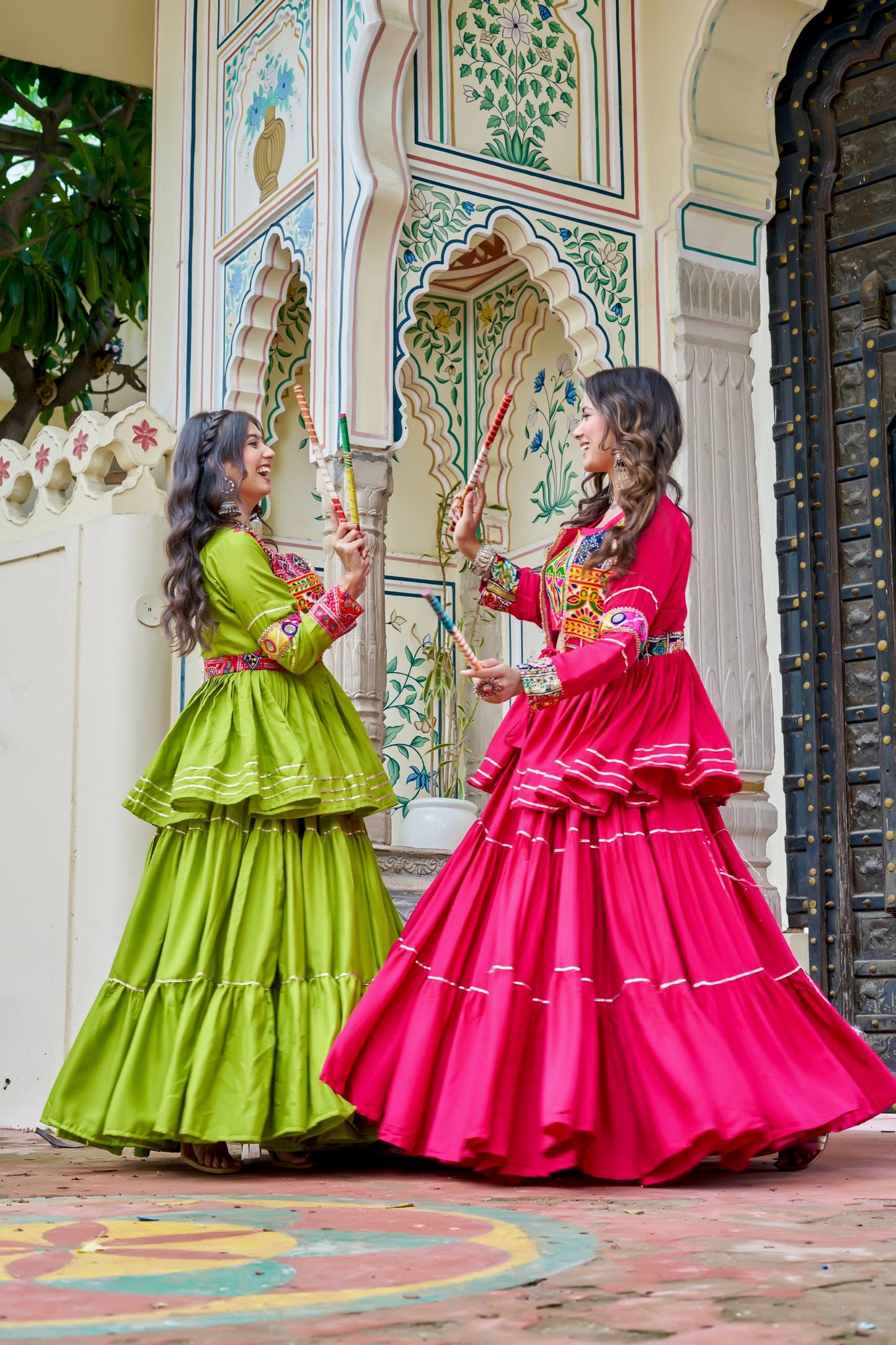 Navratri Special Gamthi Embroidery Lehenga Choli with Mirror and Ribbon Lace – Pure Cotton, Fully Stitched, 9 Meter Flair