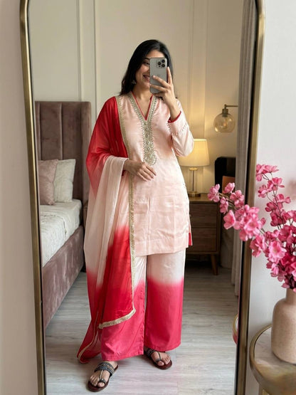 Launching New Designer Party Wear Look Pure Roman Glass Top & Elegant Palazzo with Dupatta Set
