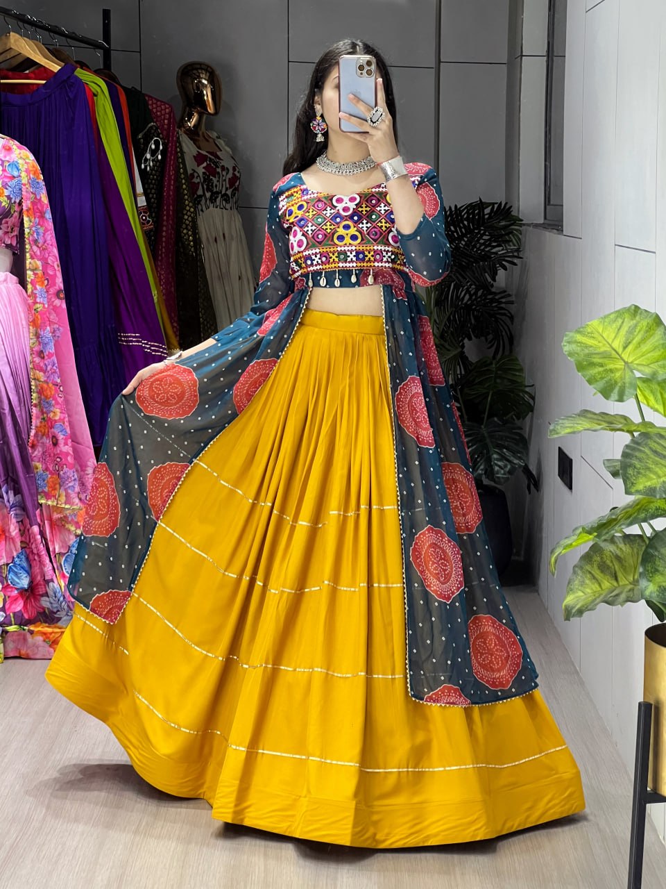 Colorful Bandhani Print Kurtis with Mustard Rayon Cotton Lehenga Sets