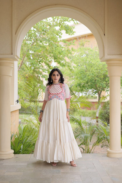RangBhoomi Navratri Embroidered Kora Cotton Gown — 54" Festive Flair