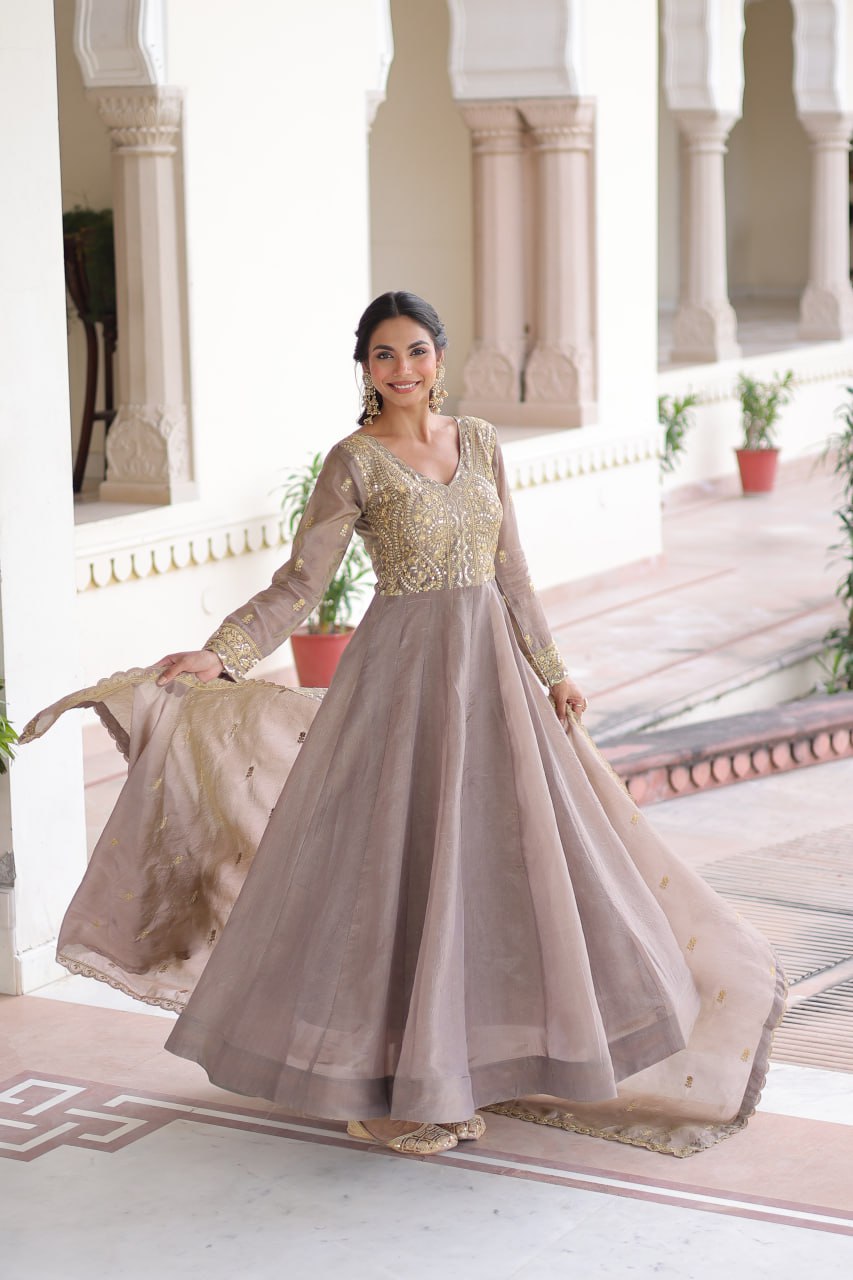 RangBhoomi Premium Ready-Made Gown and Dupatta Set with Elegant Gold Embroidery