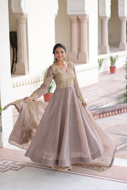RangBhoomi Premium Ready-Made Gown and Dupatta Set with Elegant Gold Embroidery