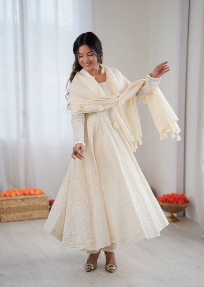 Elegant Anarkali Gown Set with Bottom and Dupatta – Pure Kora Cotton, Fully Stitched, Ready to Wear