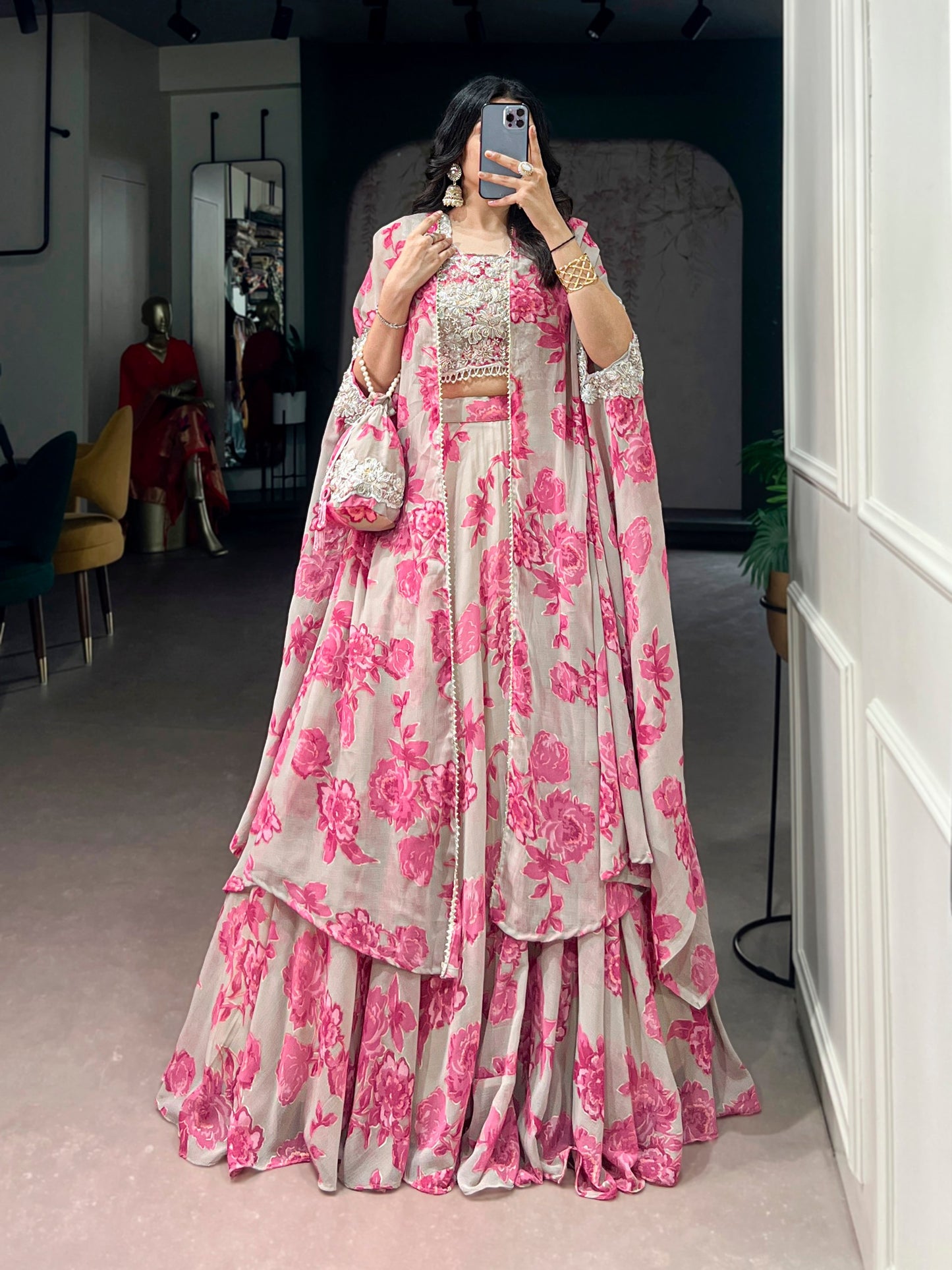 RangBhoomi Pastel Cape Style Lehenga - Ready-to-Wear Embroidered Set