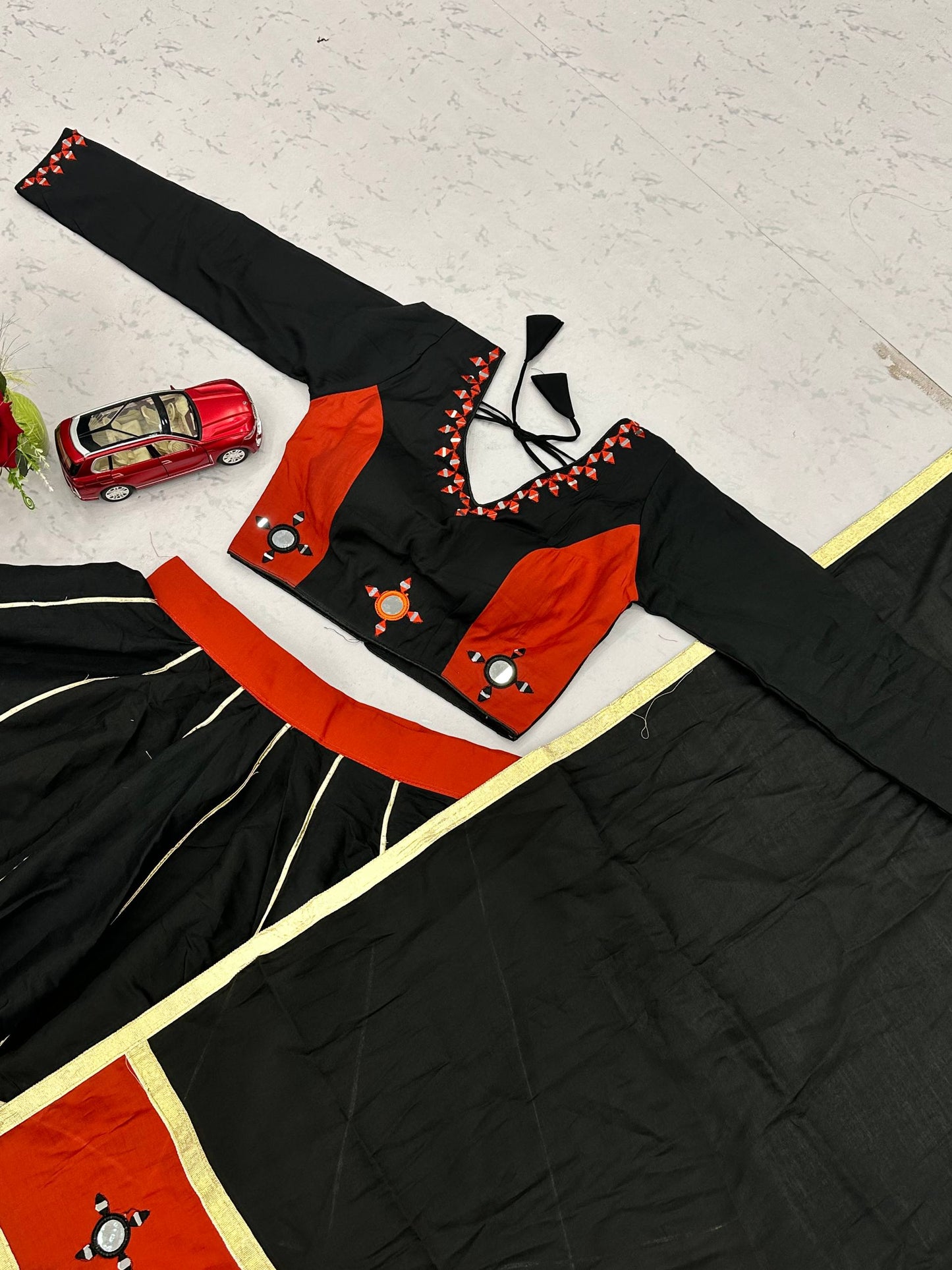 RangBhoomi Navratri Special Pure Cotton Lehenga Choli with Heavy Mirror & Gotapatti Work (Full-Stitched, 6m Flair)