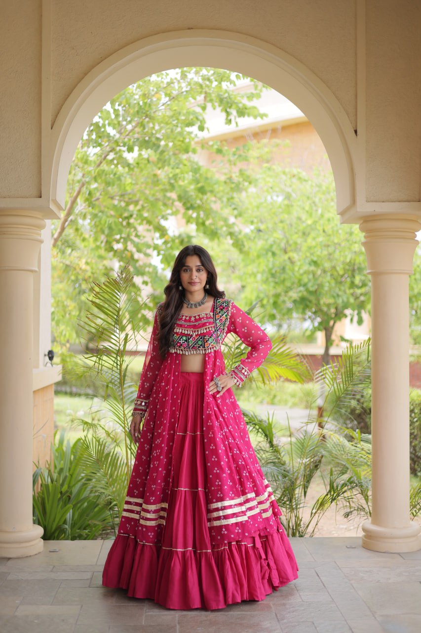 RangBhoomi Navratri 2026 Lehenga & Kurti Set – Kora Cotton Lehenga with Bandhni Faux Georgette Kurti (L, 40" Stitched)