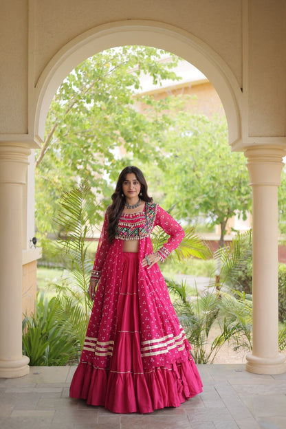 RangBhoomi Navratri 2026 Lehenga & Kurti Set – Kora Cotton Lehenga with Bandhni Faux Georgette Kurti (L, 40" Stitched)