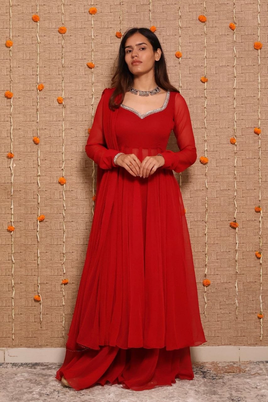 RangBhoomi Carmine Georgette 3-Piece Anarkali Suit Set — Cherry Red