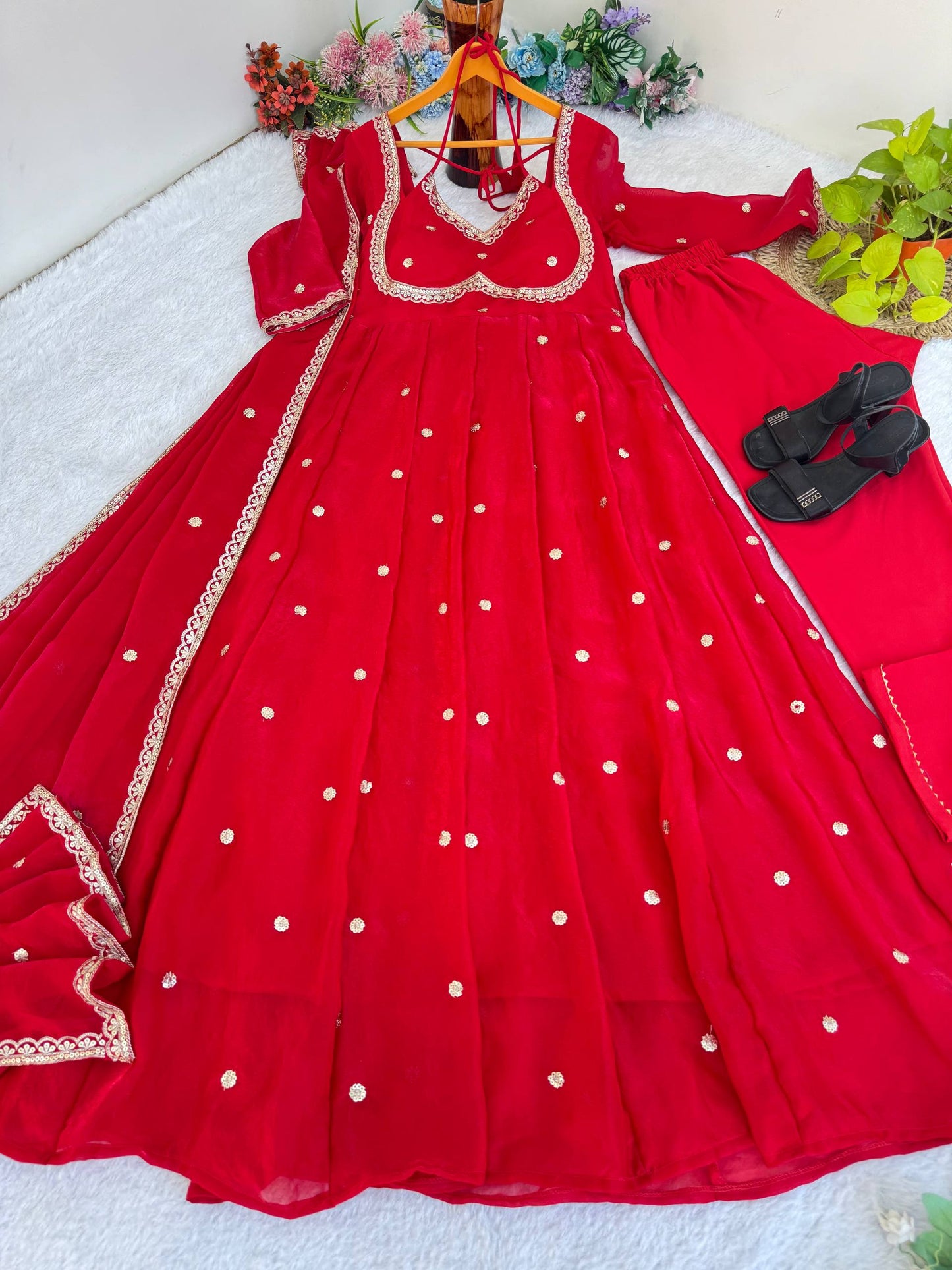 Elegant Party Wear Fendi Satin Gown Set with Dupatta and Pants Featuring 3MM Rembo Sequin and Zari Embroidery