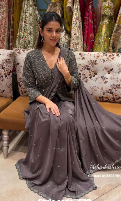 Trending Party Jacket with Saree Featuring Exquisite Embroidery Work