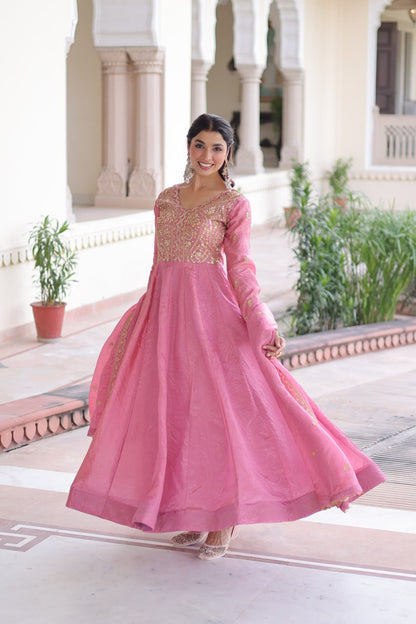 RangBhoomi Premium Ready-Made Gown and Dupatta Set with Elegant Gold Embroidery