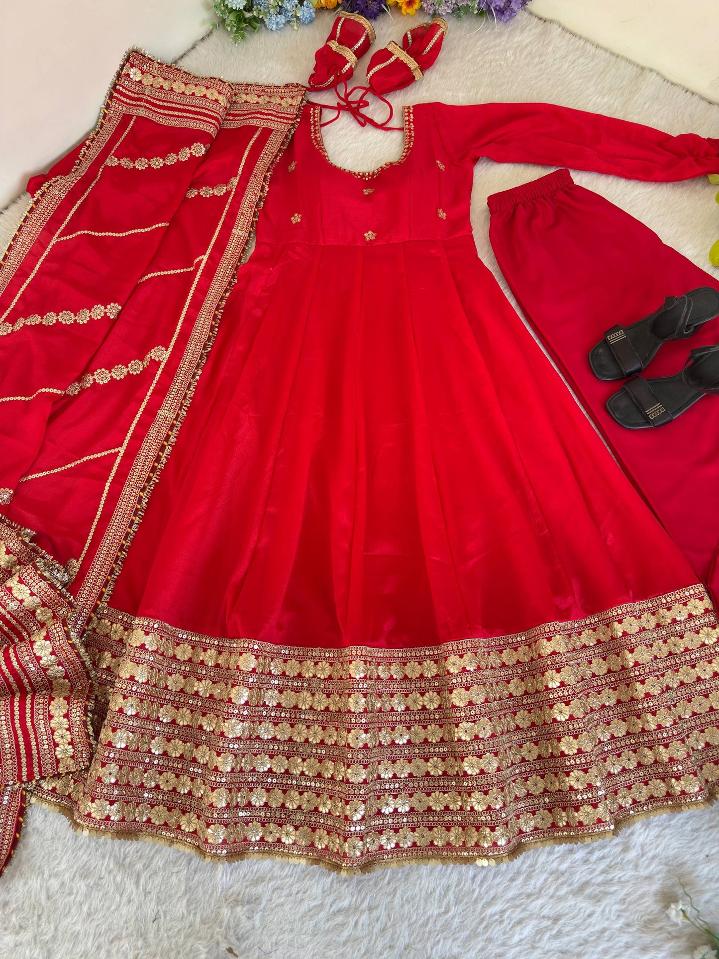 RangBhoomi Premium Chinon Silk Anarkali Gown Set with Heavy Embroidery, 3mm Sequin Sleeve Lace, Crepe Pants, and Sequined Lace Dupatta