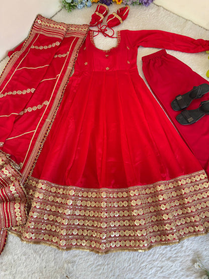 RangBhoomi Premium Chinon Silk Anarkali Gown Set with Heavy Embroidery, 3mm Sequin Sleeve Lace, Crepe Pants, and Sequined Lace Dupatta