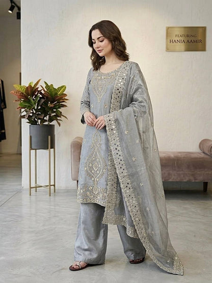 Elegant Designer Party Wear Top, Palazzos, and Dupatta Set with Intricate Heavy Embroidery and Beaded Detailing