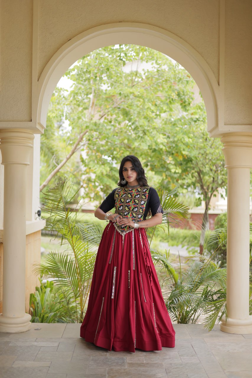 RangBhoomi Navratri Reflective Rayon Lehenga Set with Mirror & Gota Lace (Black, Maroon, White)