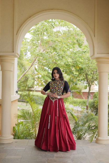 RangBhoomi Navratri Reflective Rayon Lehenga Set with Mirror & Gota Lace (Black, Maroon, White)
