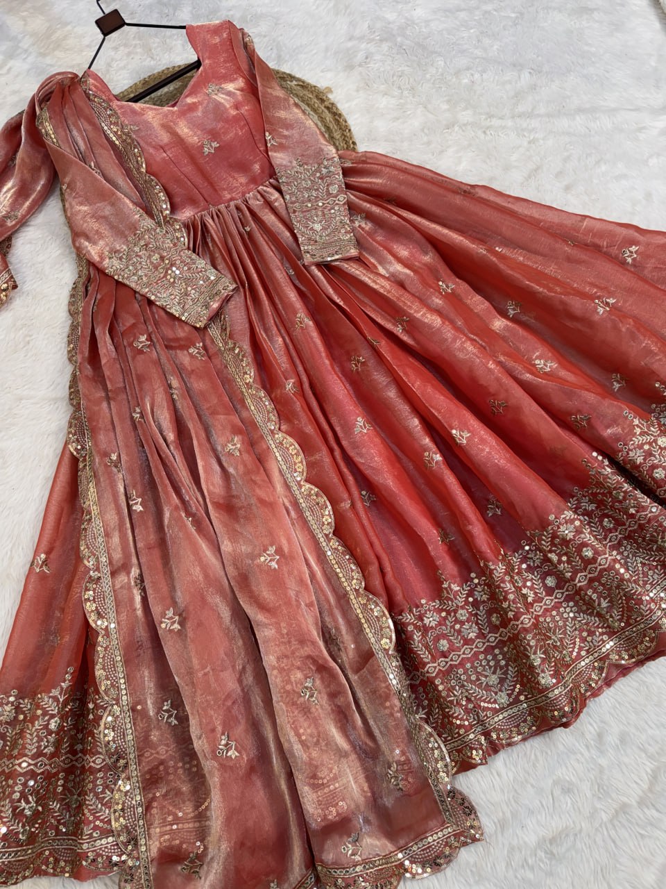 RangBhoomi Fendi Silk Sequined Gown with Dupatta – Elegant Full-Sleeve Designer Set