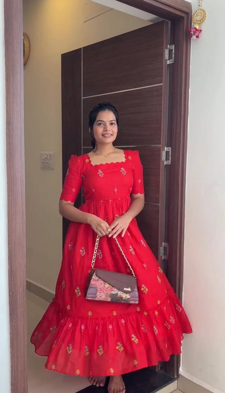 RangBhoomi Summer Floral Embroidered Kota Checks Midi Gown - Soft Kota, Micro Cotton Lining