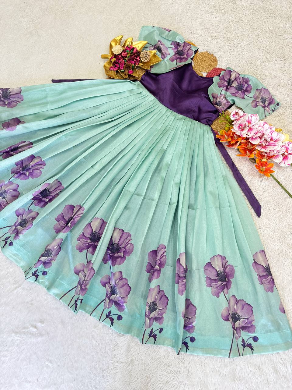 Elegant Floral Printed Silk Gown – Add a Glamorous Touch to Your Festive Wardrobe