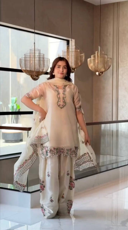 Exclusive Designer Party Wear Pure Fendi Silk Top with Farshi Palazzo and Elegant Dupatta Set