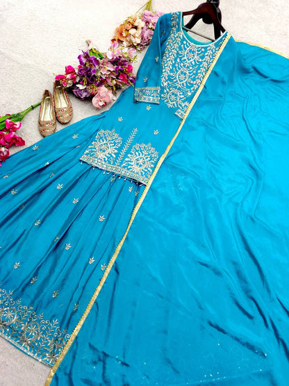 RangBhoomi Cinon Silk Embroidered Top, Lehenga & Dupatta Set - Elegant Festive Ensemble
