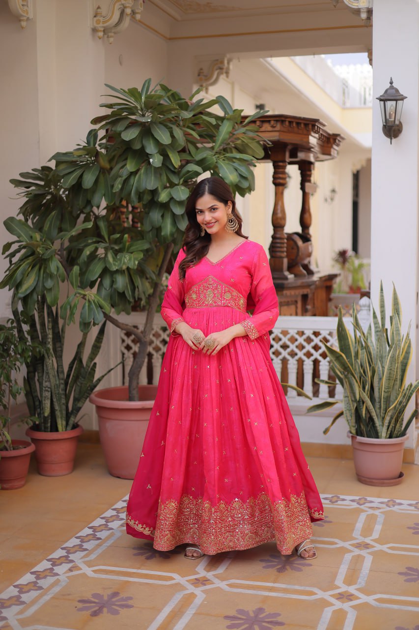 Premium Ready-to-Wear Silk Gown with Embroidered Sequined Dupatta Set