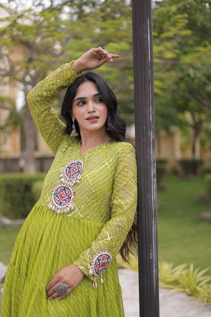 RangBhoomi Navratri Gown 2026 – Laheriya Print with Kutchi Patchwork, Faux Georgette Lined Cotton, Full Sleeve, 56 Inch Length