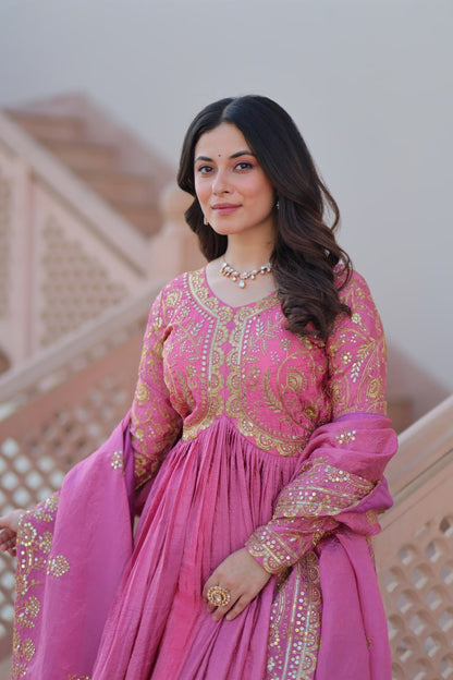 Trending Gold Gown: Crush Fabric, Embroidered Dupatta