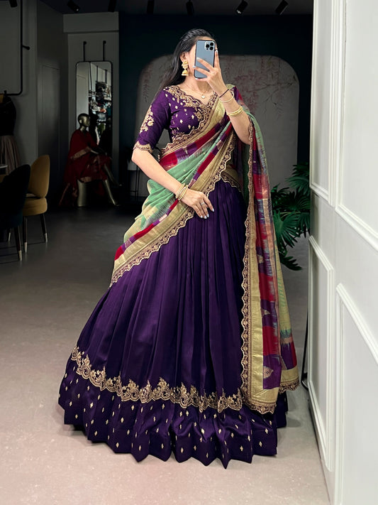 Elegant Vichitra Silk Lehenga Choli for Weddings and Festivals – Thread Embroidery & Sequins Detailing, Stitched Skirt and Unstitched Blouse, Includes Foil-Printed Dupatta with Lace Border