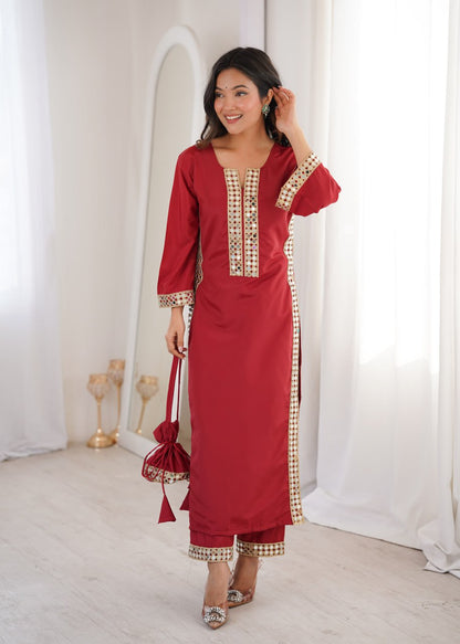 Ready-to-Wear Kurti and Pants Set with Decorative Mirror Work Purse
