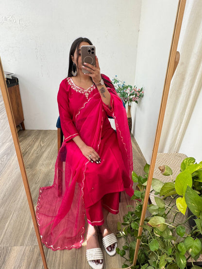 Introducing RangBhoomi Designer Three-Piece Set: Premium Cotton Kurti, Pant, and Organza Silk Dupatta