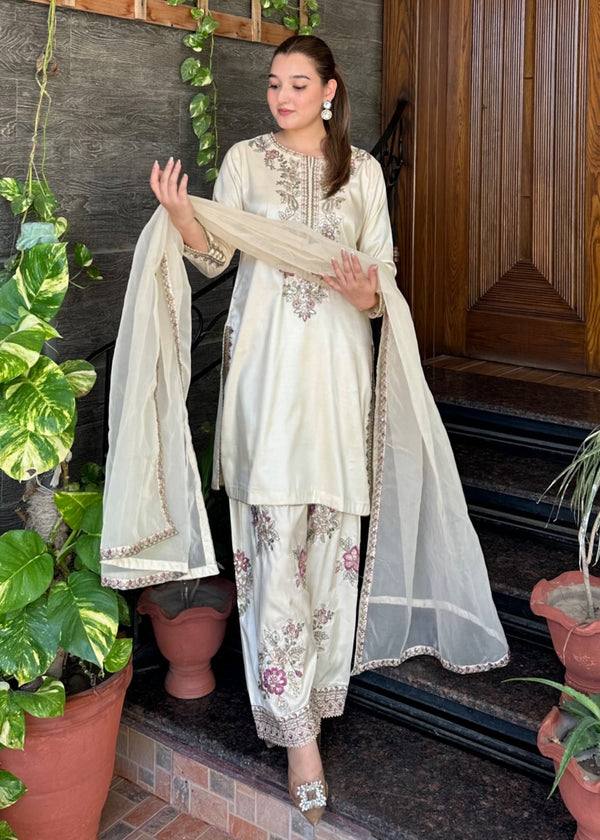 RangBhoomi Women's Premium Ethnic French Crepe Ensemble with Embroidered Thread Work, Full Sleeve Top, Farshi Pant, and GMY Silk Dupatta