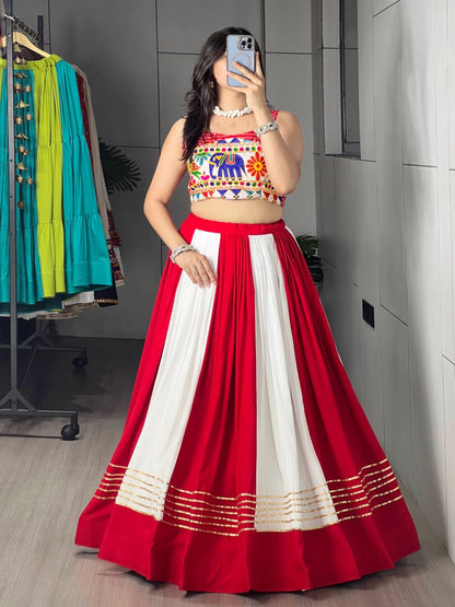 RangBhoomi Red & White Chaniya Choli Set — Festive Garba Lehenga (Pure Rayon Cotton, Fully Stitched)