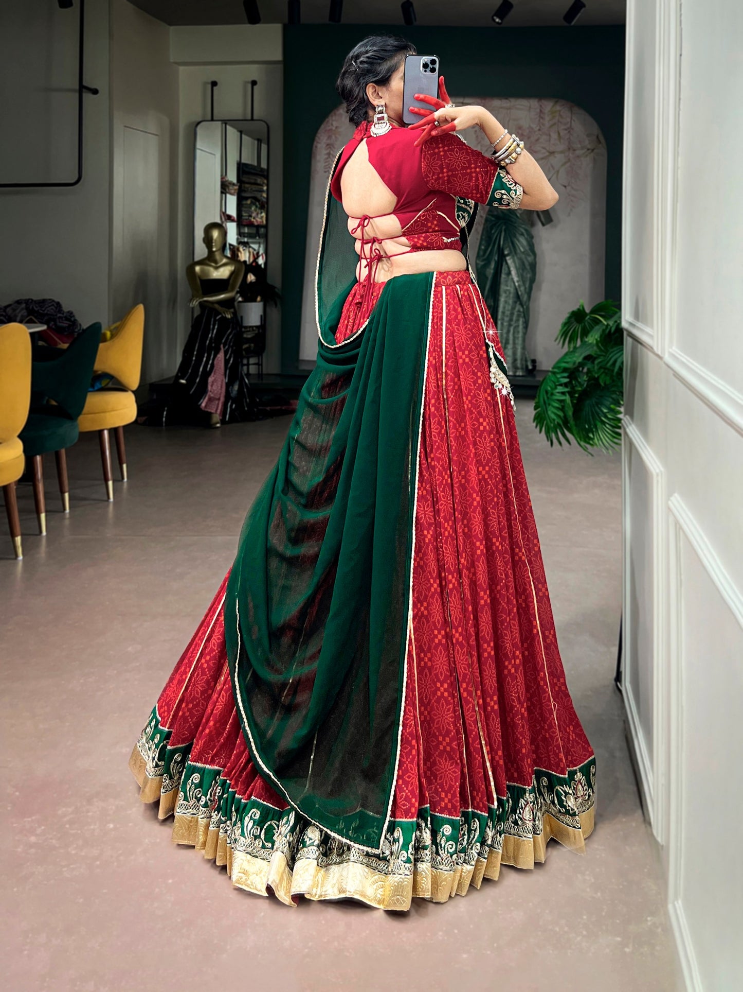 RangBhoomi Navratri 2026 Georgette Bandhej Foil Print Lehenga Set with Mirror Lace Dupatta