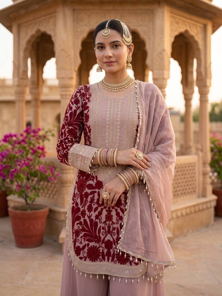RangBhoomi Designer Party Top, Palazzo & Dupatta Set with Heavy Embroidery