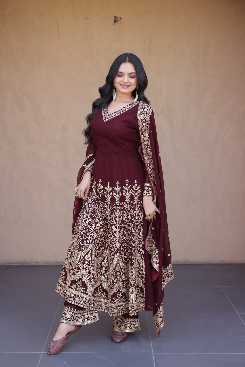 RangBhoomi Premium Readymade Gown with Pant & Dupatta Set - Embroidered Faux Blooming Festive Ensemble