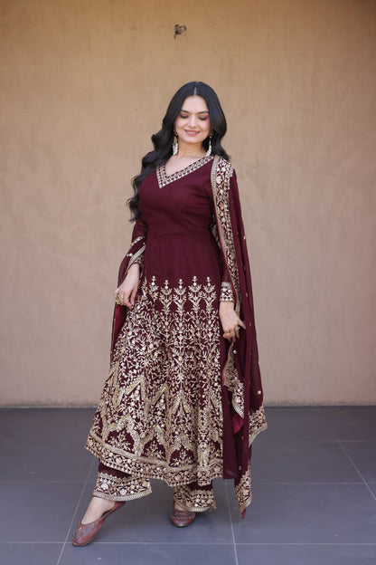 RangBhoomi Premium Readymade Gown with Pant & Dupatta Set - Embroidered Faux Blooming Festive Ensemble