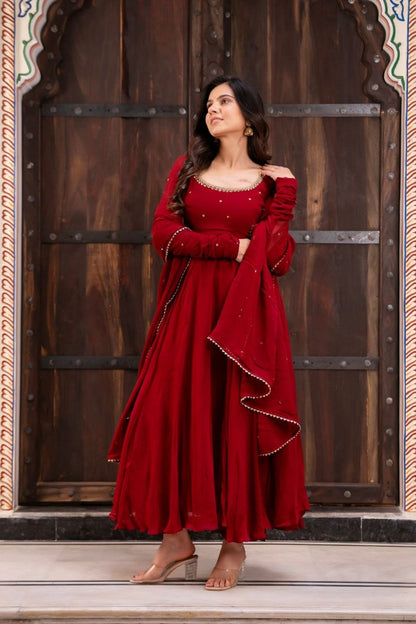 RangBhoomi EHSAAS Georgette Handwork Anarkali Suit Set — Flared Anarkali with Dupatta & Plazzo