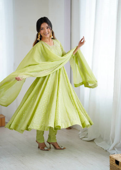 Festive Ready-to-Wear Fully Stitched Anarkali Gown Set with Embroidered Sequins and Lace-Trimmed Dupatta
