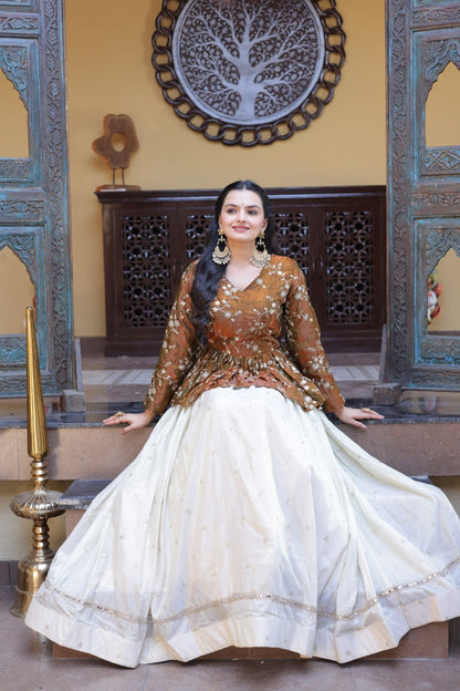 RangBhoomi Elegant Silk Embroidered Crop Top Set with Flared Lehenga and Sequined Detailing