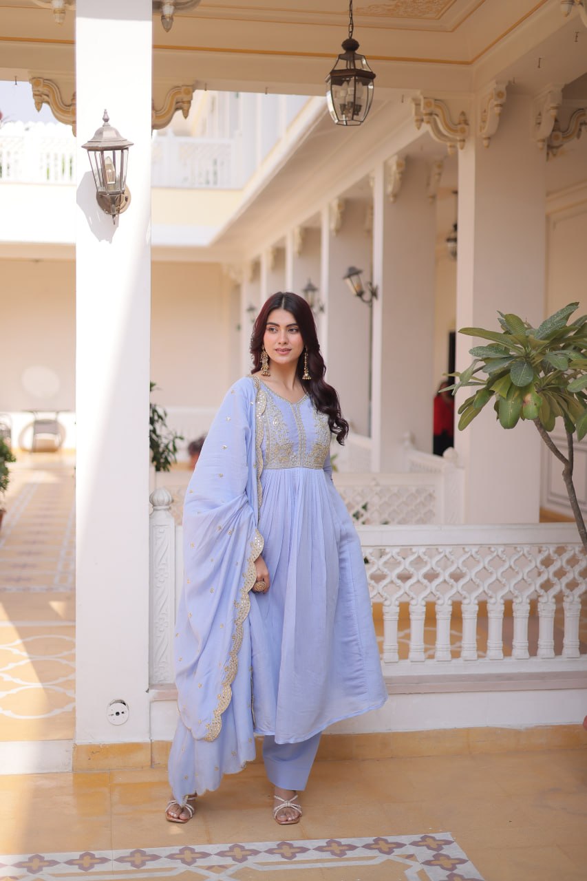 Premium Ready-to-Wear Mal Mal Chanderi Gown Set with Roman Silk Pants and Embroidered Dupatta