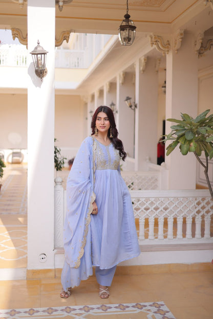 Premium Ready-to-Wear Mal Mal Chanderi Gown Set with Roman Silk Pants and Embroidered Dupatta