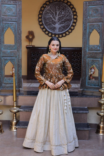 RangBhoomi Elegant Silk Embroidered Crop Top Set with Flared Lehenga and Sequined Detailing