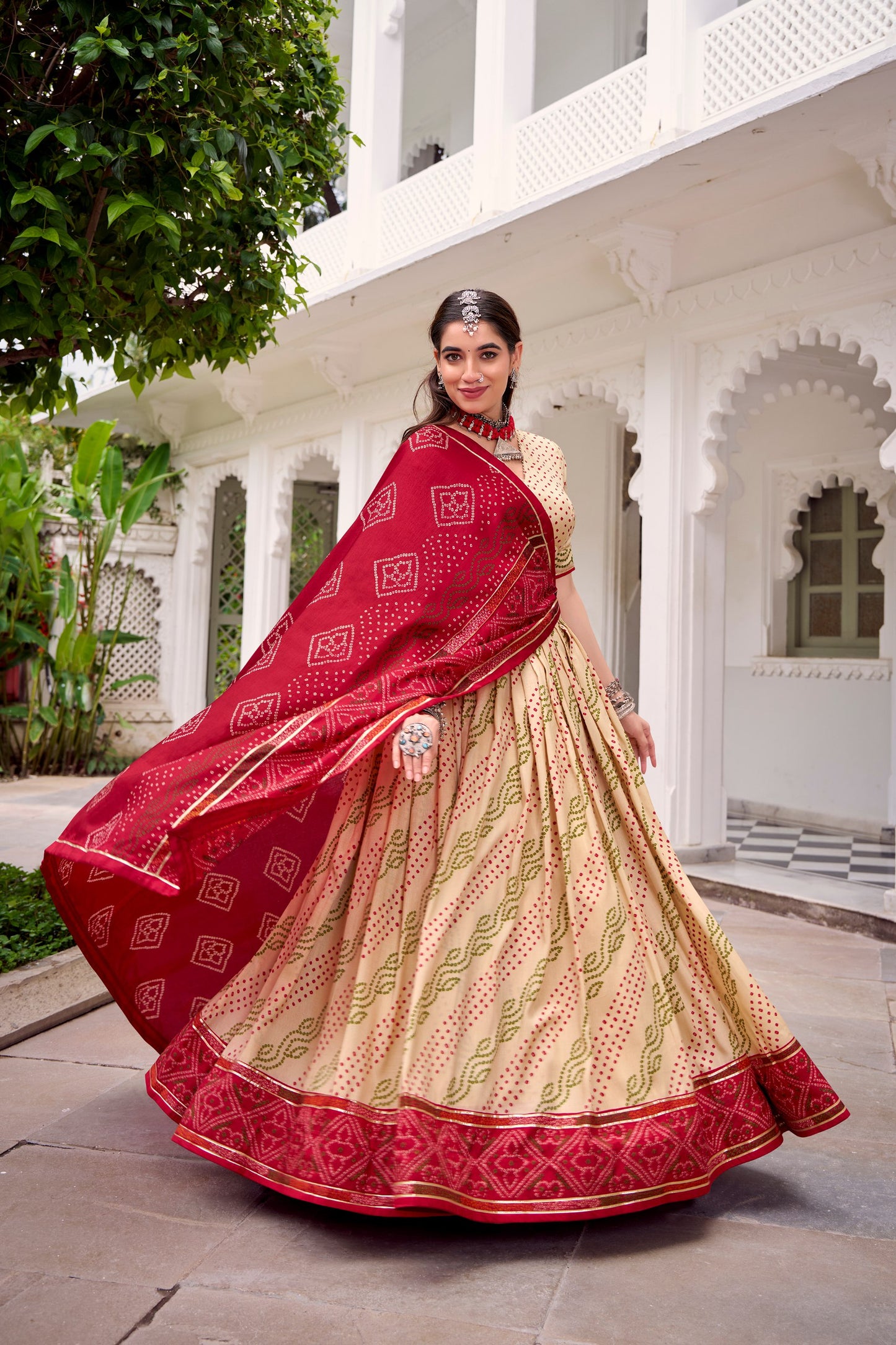 Elegant Navratri Ensemble Featuring Vibrant Bandhani Print and Regal Borders for a Classic Festive Look