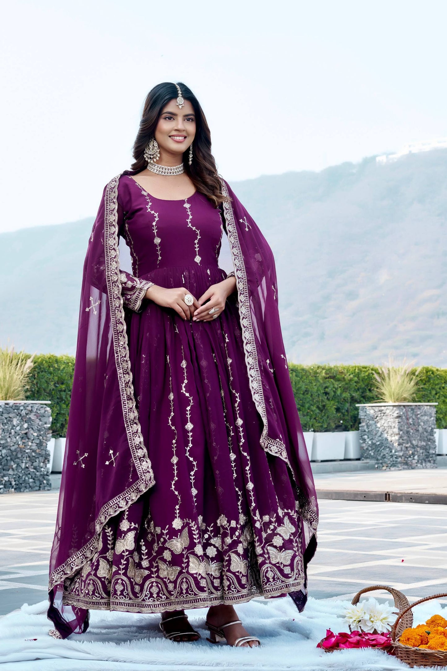 RangBhoomi Festival Long Gown with Matching Dupatta – Elegant Fox Georgette Ensemble with Heavy Sequin Embroidery