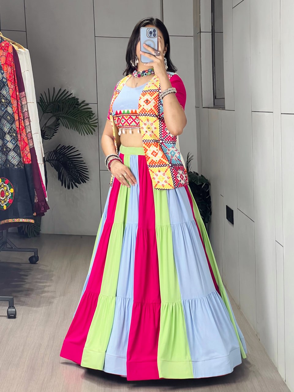 RangBhoomi Multicolor Mirror-Work Lehenga Choli Set — Festive Navratri Garba Ensemble