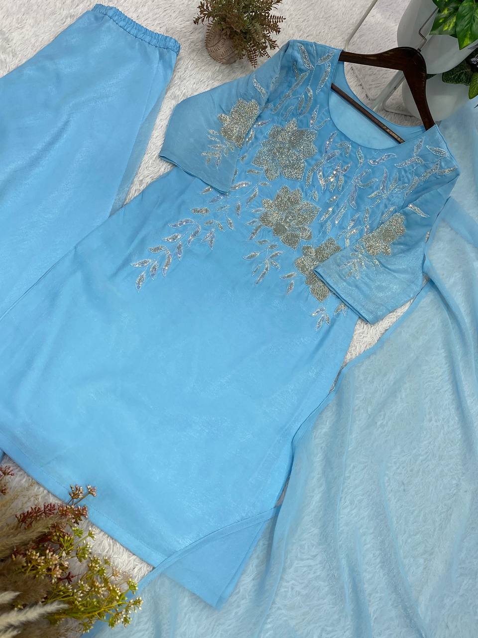 Elegant Designer Bead and Sequin Embroidered Palazzo Suit with Dupatta for Wedding Season