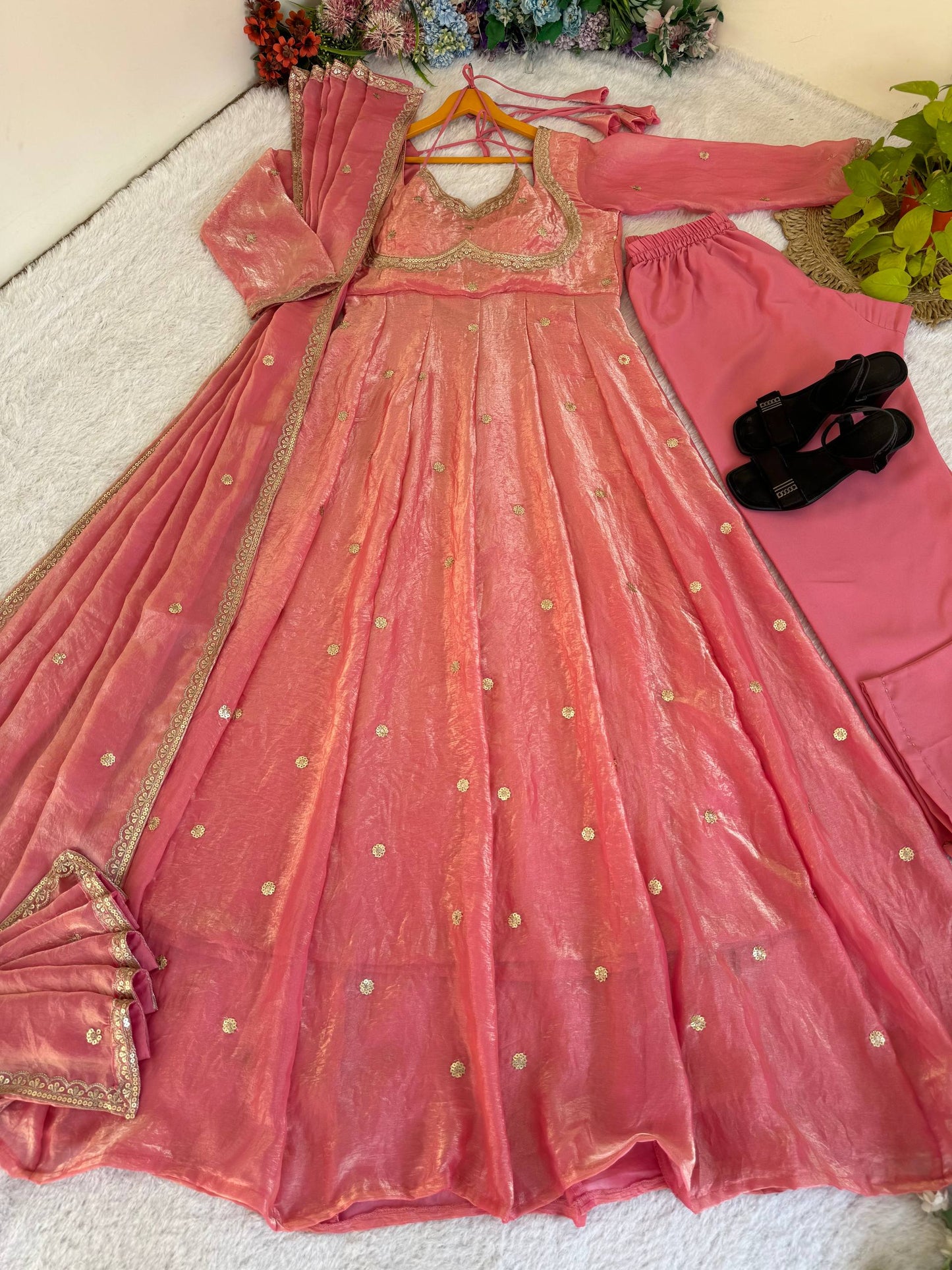 Elegant Party Wear Fendi Satin Gown Set with Dupatta and Pants Featuring 3MM Rembo Sequin and Zari Embroidery