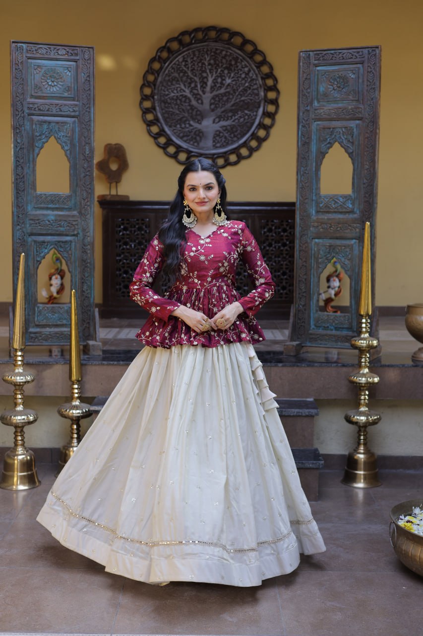 RangBhoomi Elegant Silk Embroidered Crop Top Set with Flared Lehenga and Sequined Detailing